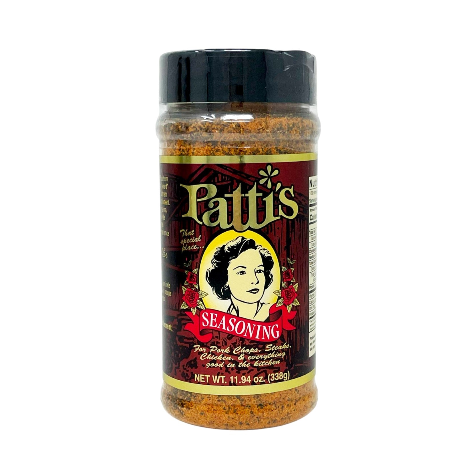 Jar of Patti's seasoning on a white background