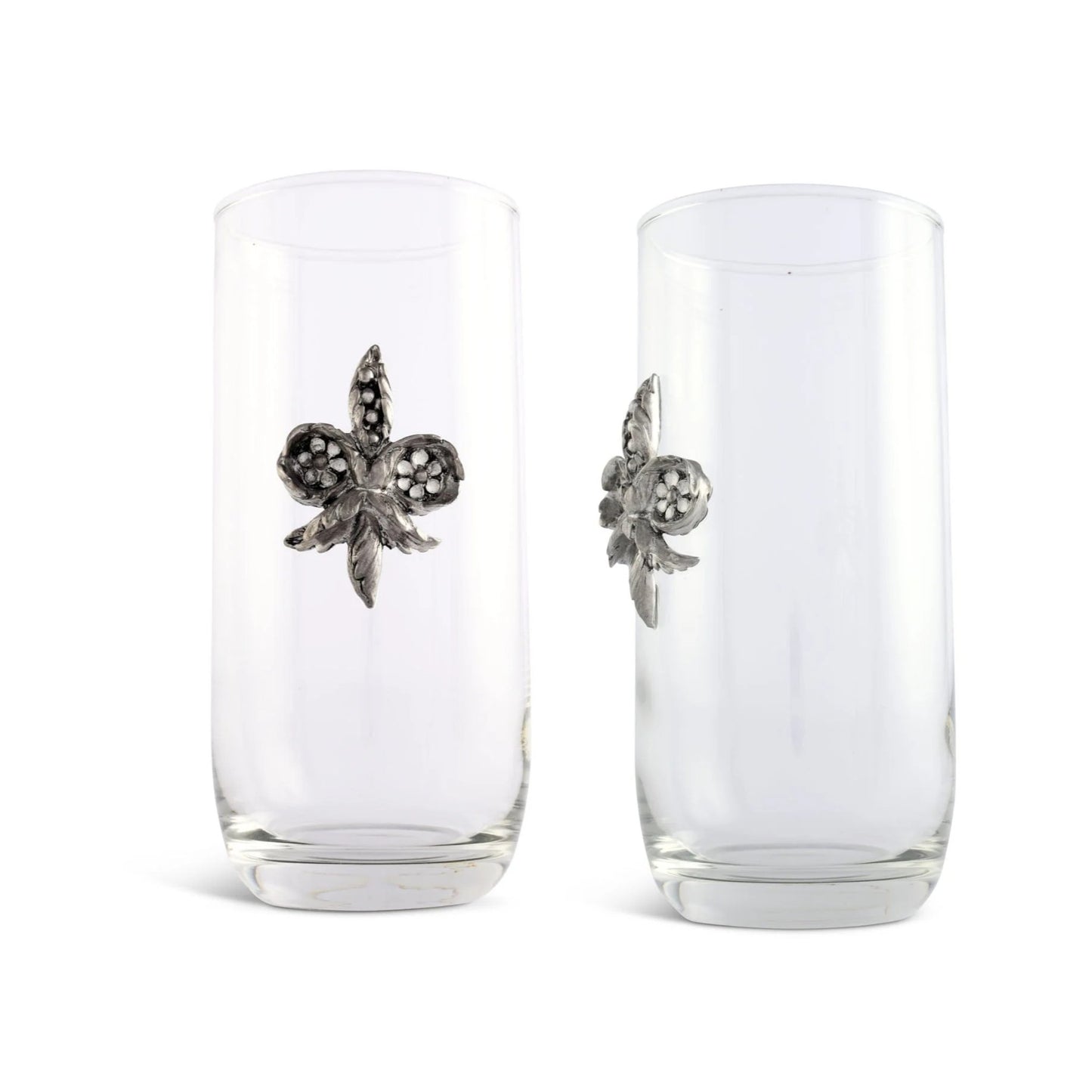 A close-up shot of the hand-crafted pewter Fleur De Lis medallion on the side of the hand-blown glass.