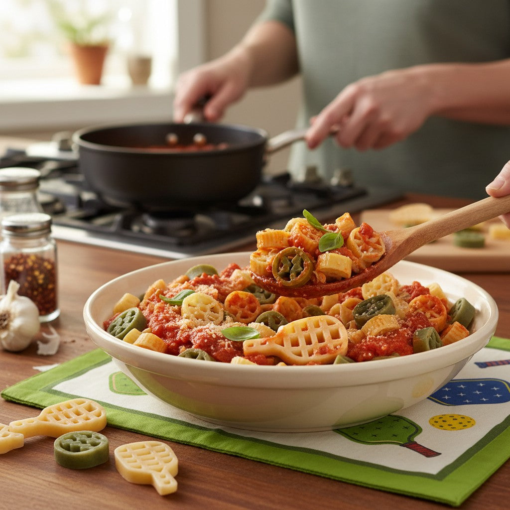 A delicious pasta served in a bowl featuring Pickleball racket and ball shapes.