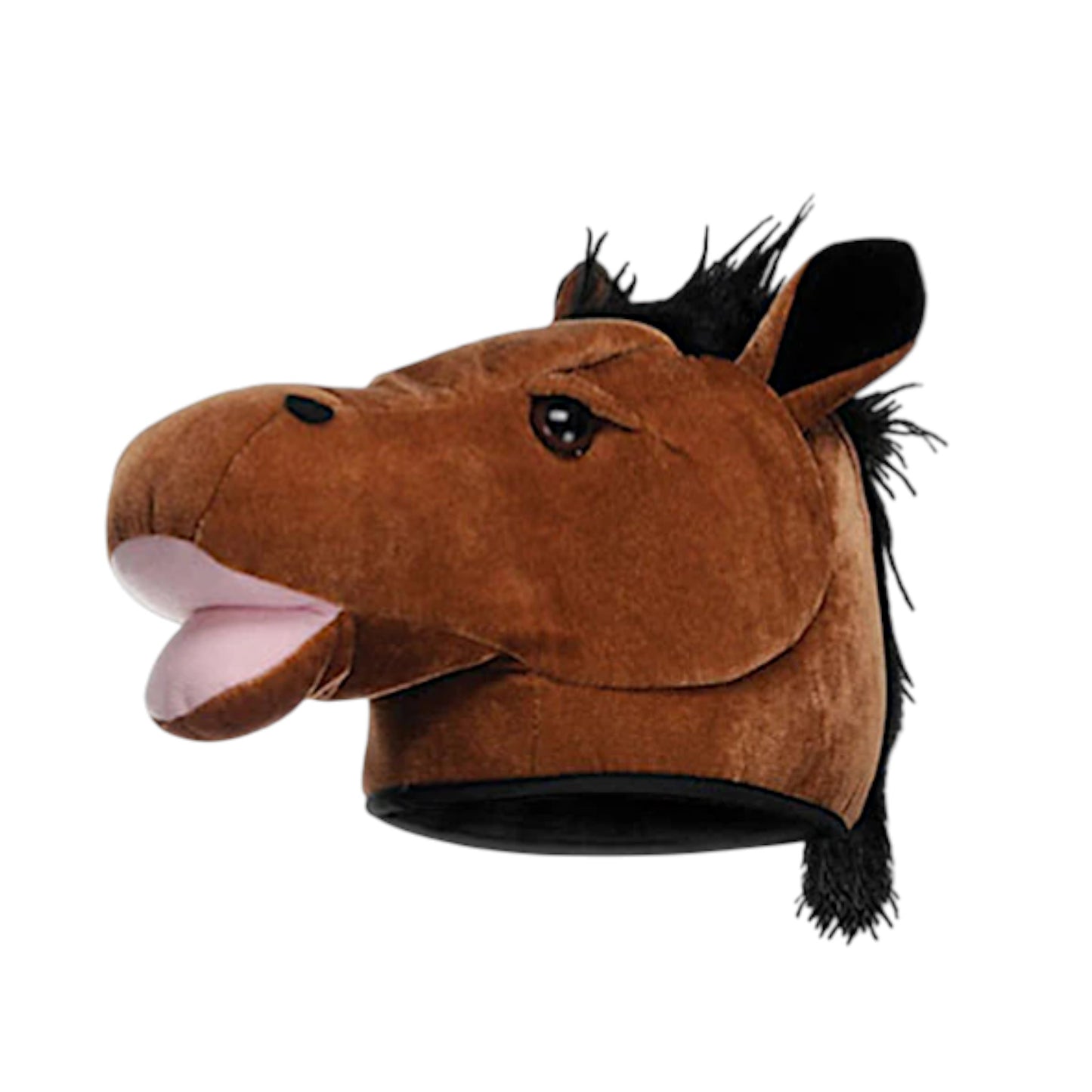 A brown plush horse hat featuring a black mane and ears, modeled as a fun costume accessory for parties.