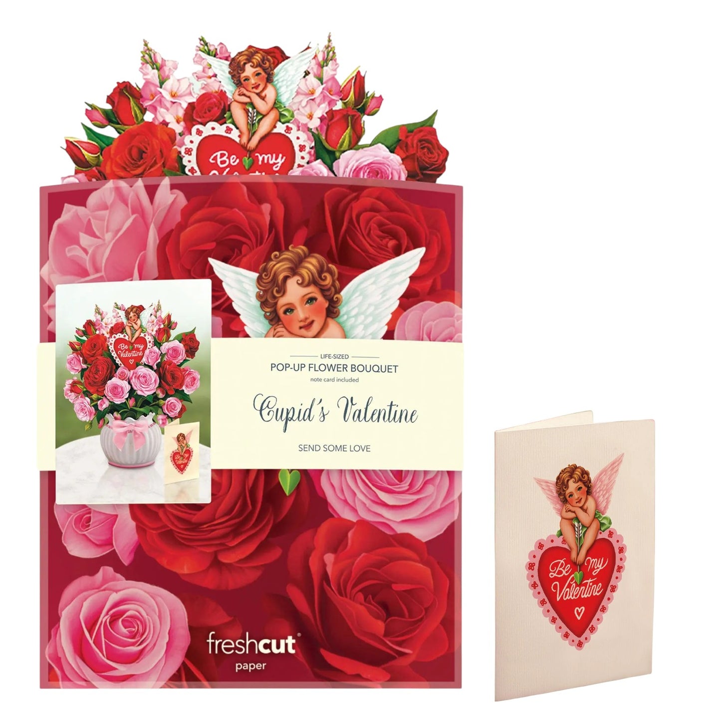 Valentine's Day card with pop-up flower bouquet and Cupid design, featuring fresh cut paper branding.