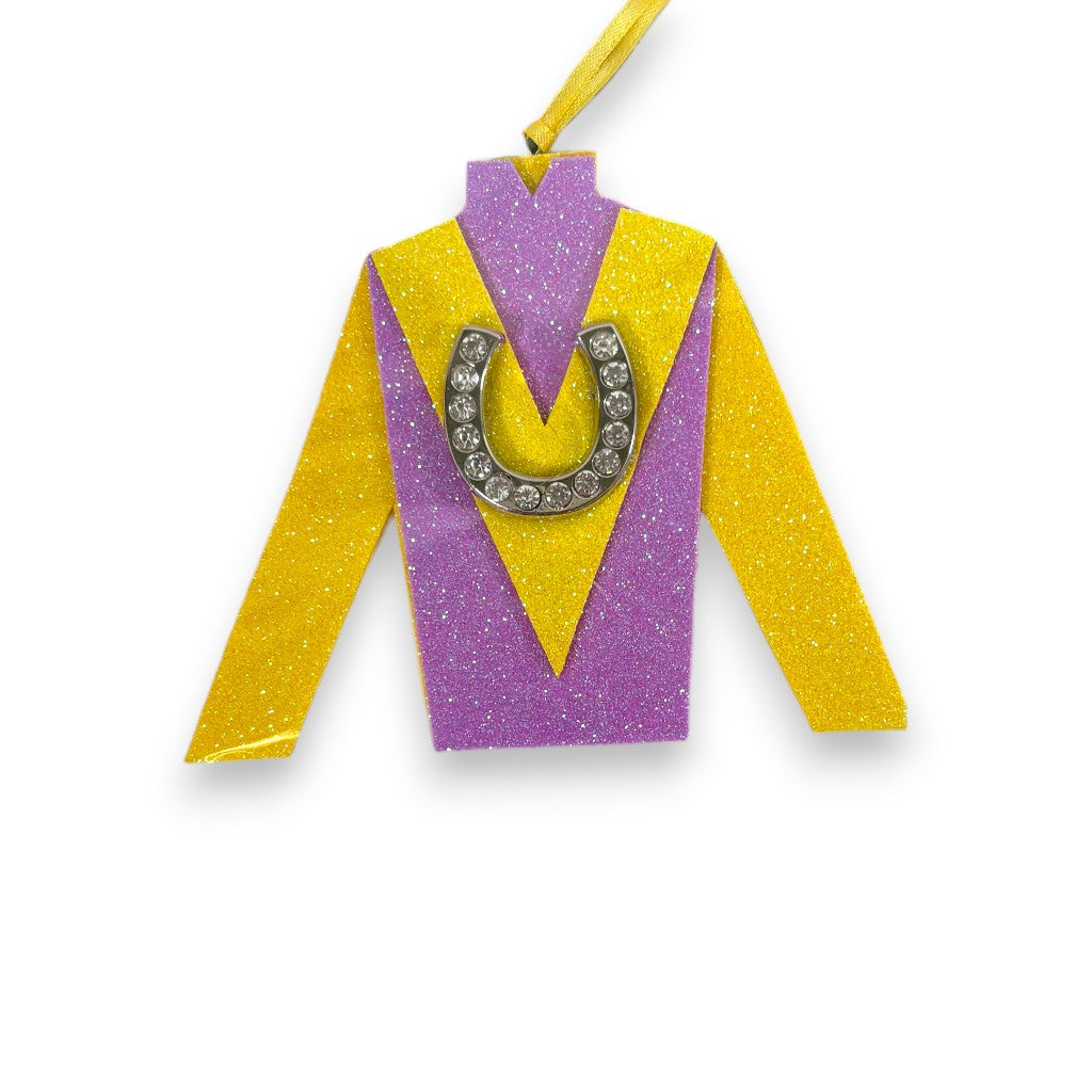 A striking purple jockey silk ornament accented with a bright yellow "V" on the chest.