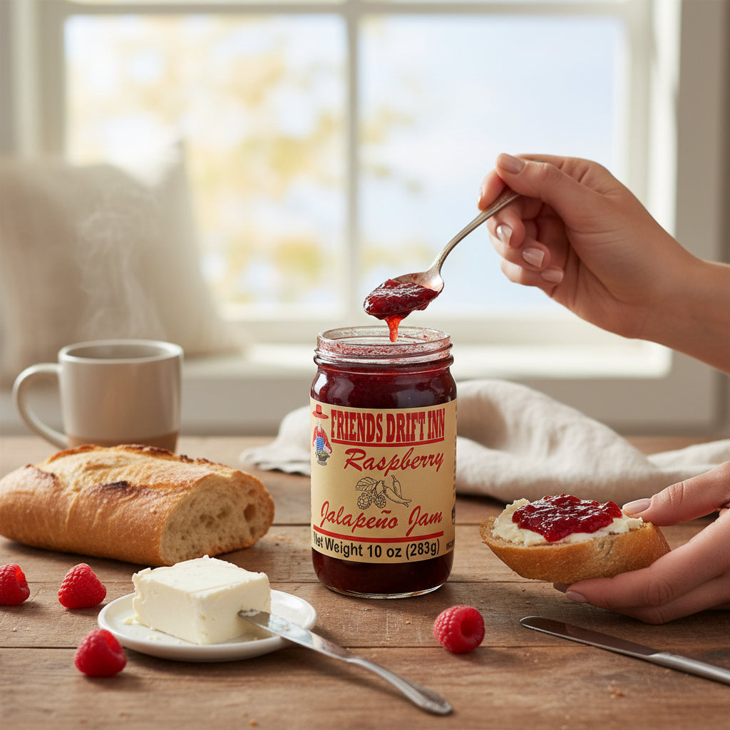 Person spreading raspberry jalapeño jam on bread with a jar of the product in the foreground.