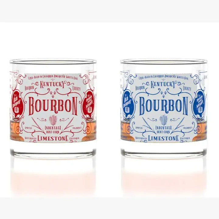 A pair of Bourbon Origins glasses, showing one red and one blue, side-by-side.
