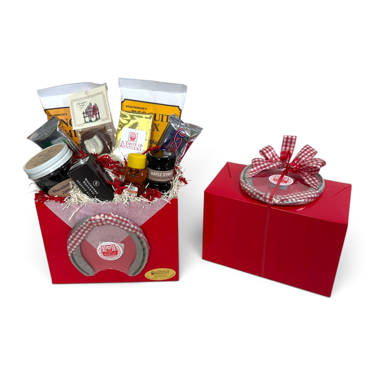 Red Kentucky Gift Box | Kentucky Breakfast & Sweets Gift with Woodford Reserve Bourbon Balls & a Churchill Downs Horseshoe - A Taste of Kentucky