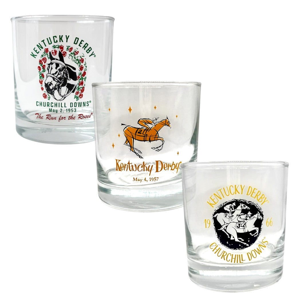 The collection of three retro throwback Kentucky Derby glasses: 1953, 1966, and 1957.
