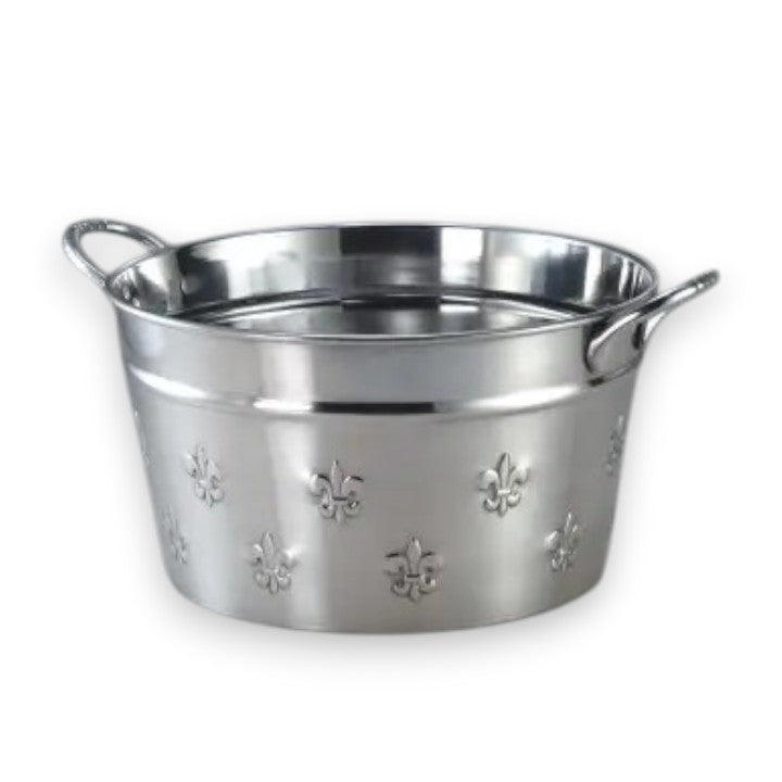 A full view of the large, round aluminum beverage tub, highlighting the elegant Fleur de Lis design on its side.