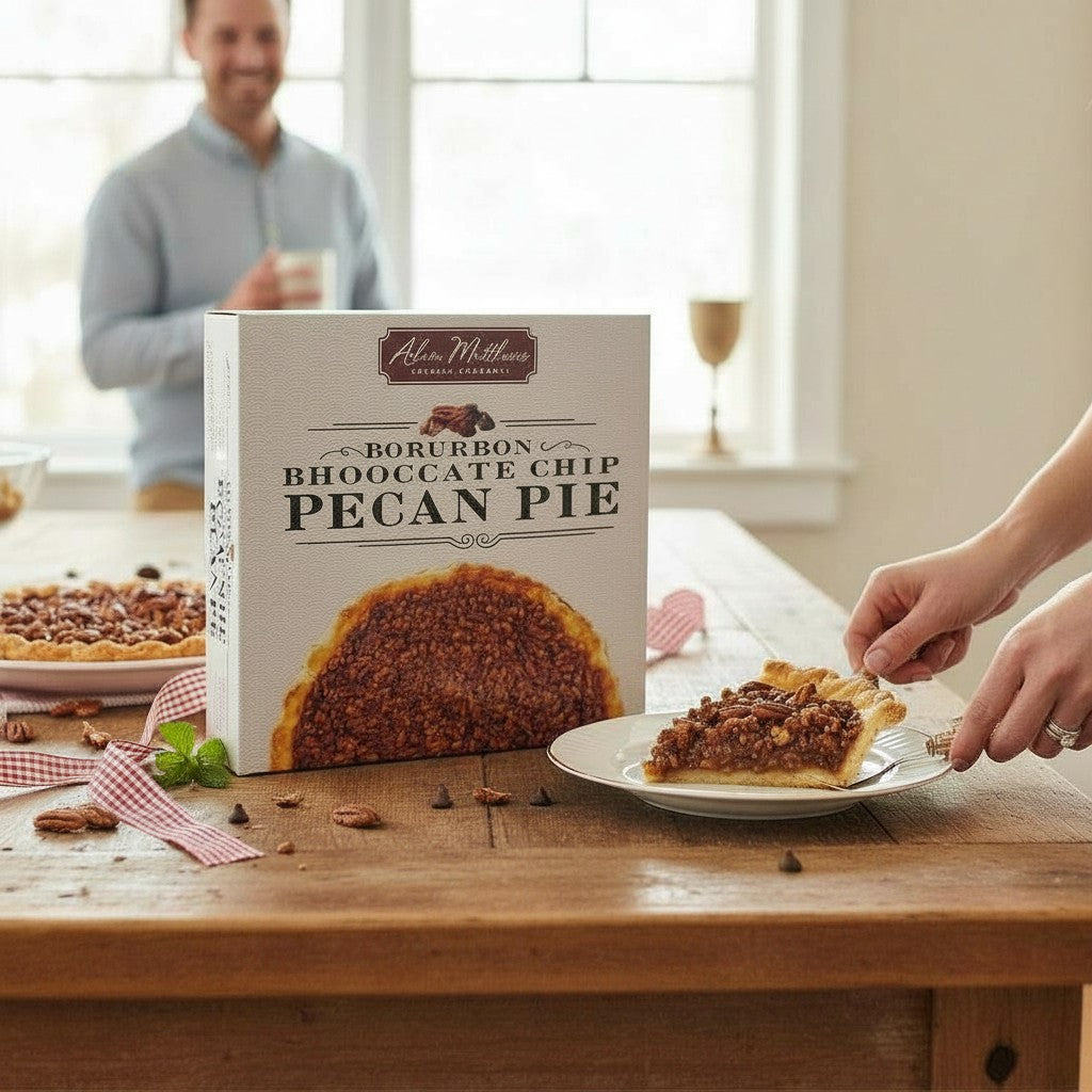 Person cutting into a slice of pecan pie with a box labeled 'Bourbon Chocolate Chip Pecan Pie' on a wooden table.