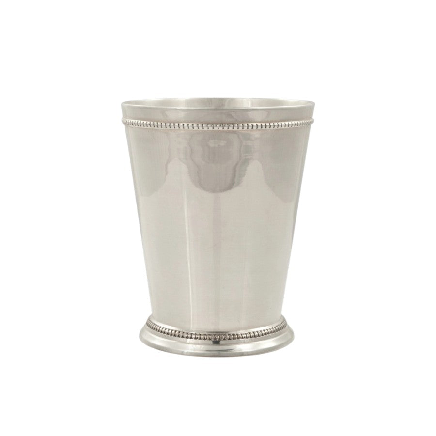 A crisp shot of the silver-plated solid brass mint julep cup, highlighting its polished shine and classic beaded trim.