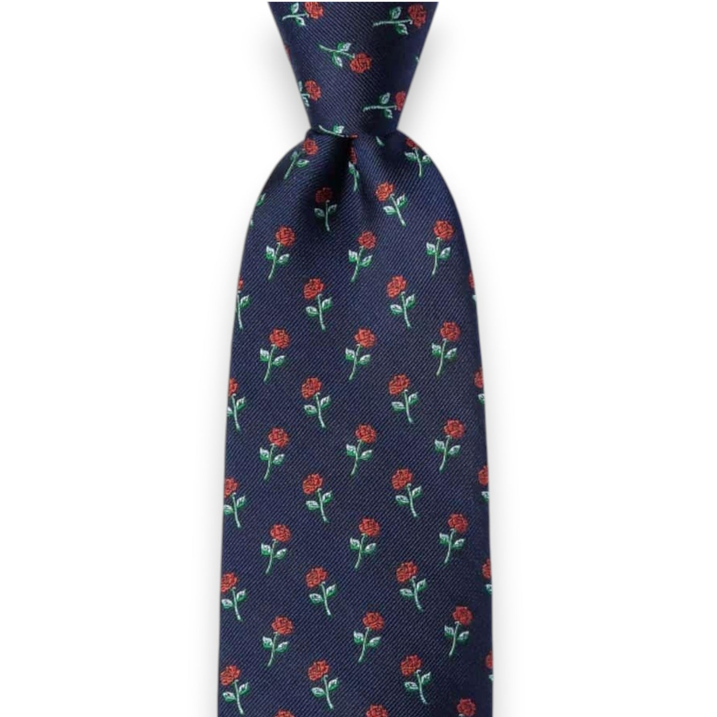 Navy blue tie with red floral pattern on a white background