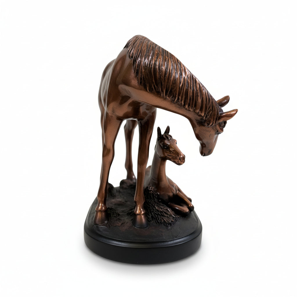 Bronze sculpture of a horse and foal on a white background