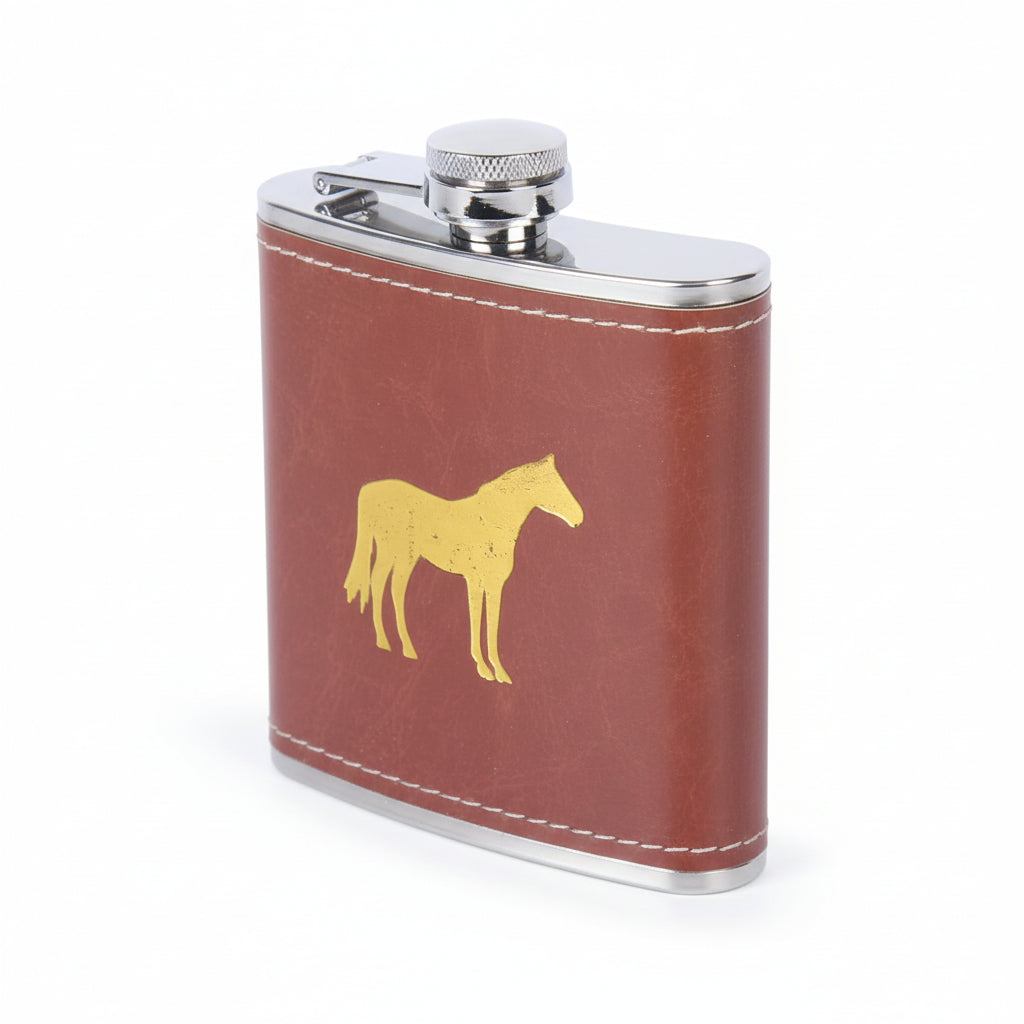 Brown leather flask with a gold horse design on a white background