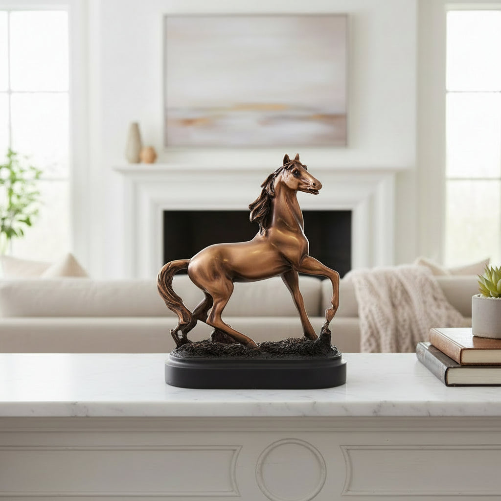 The 6-inch wide copper horse sculpture positioned on a white fireplace mantel as a sophisticated centerpiece.