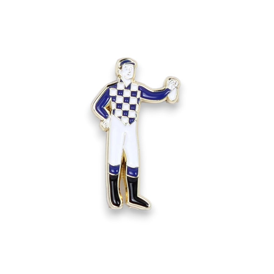 An enamel pin of a standing jockey wearing classic blue and white checkered silks.