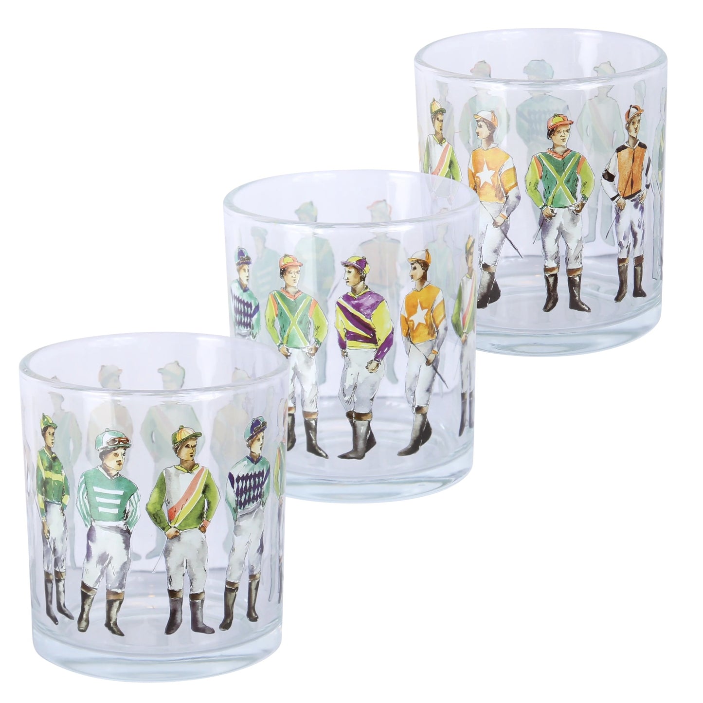 Three glass tumblers with jockey illustrations on a white background