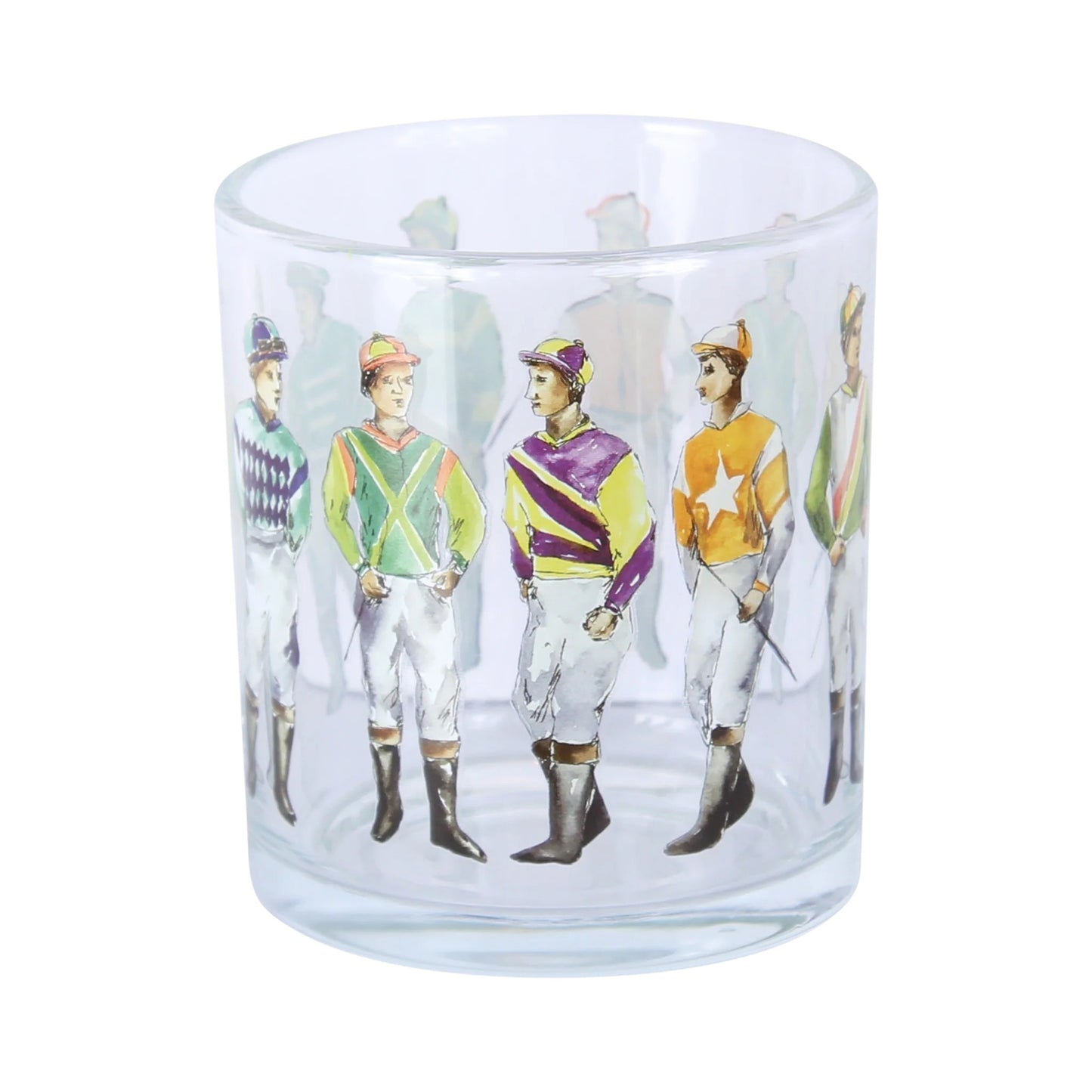 Glass tumbler with illustrations of jockeys on a white background