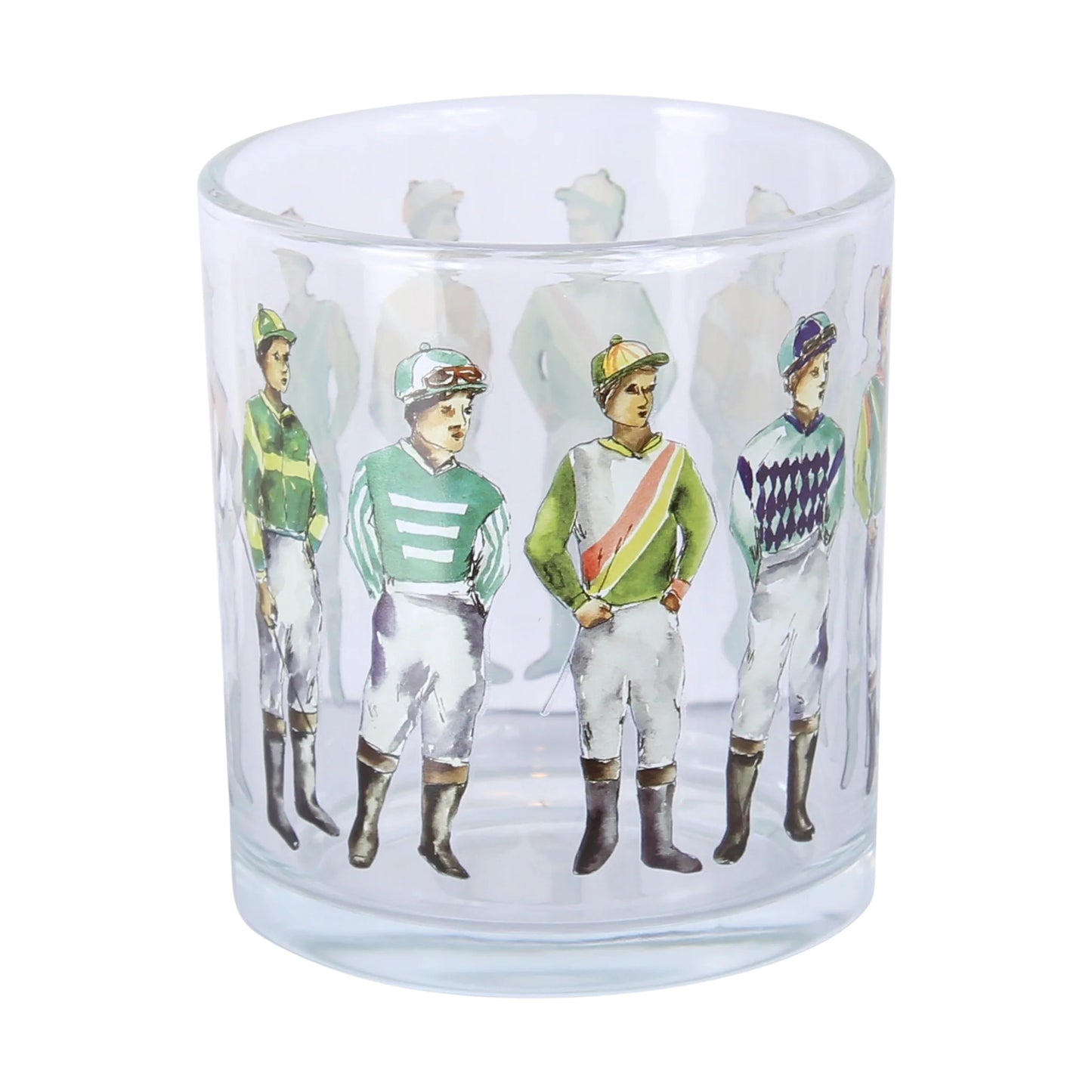 Glass tumbler with illustrations of jockeys on a white background