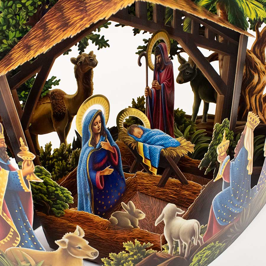 Nativity scene with figures of Mary, Joseph, and baby Jesus in a manger, surrounded by animals and trees.