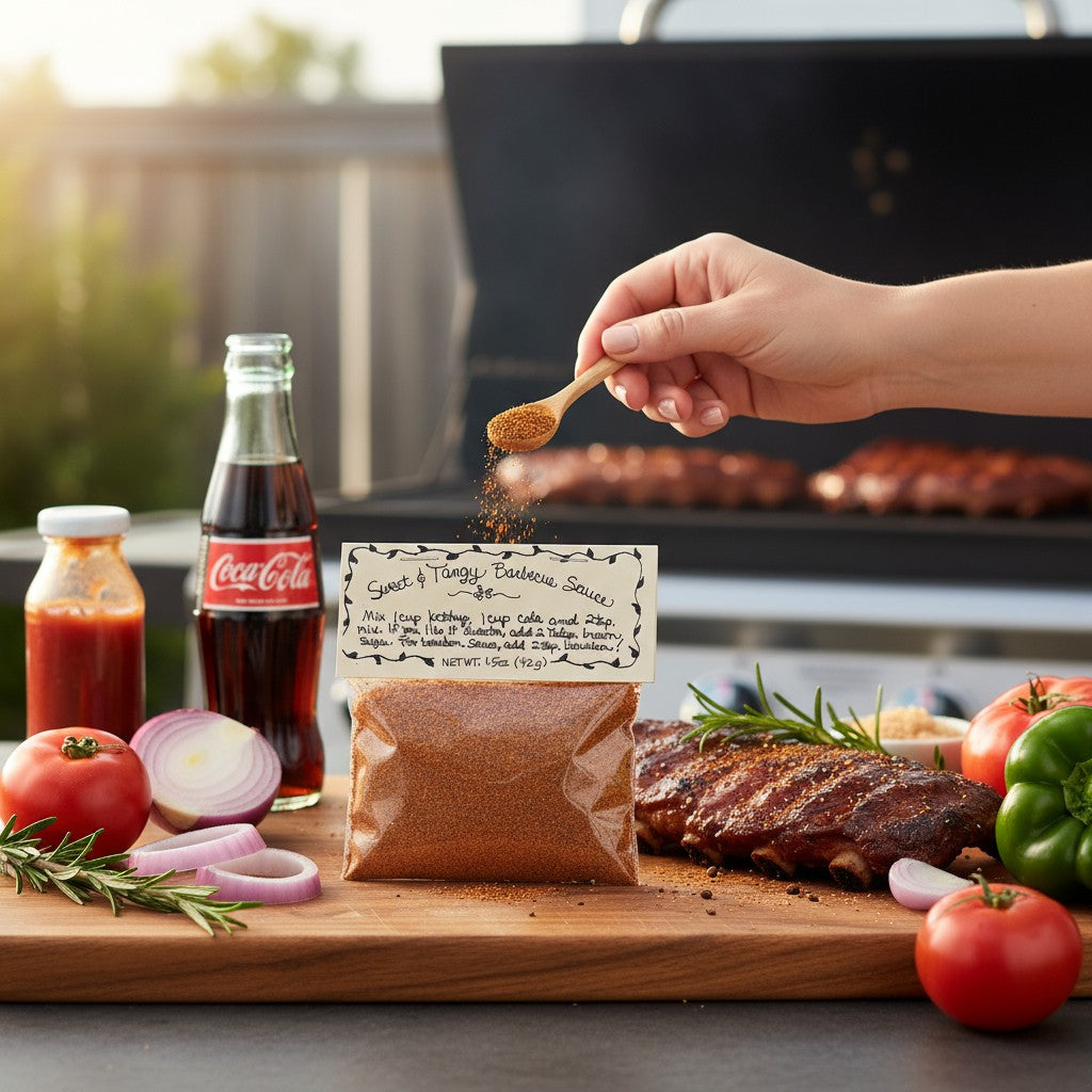 Person seasoning ribs with a wooden spoon over a grill and ingredients on a cutting board.