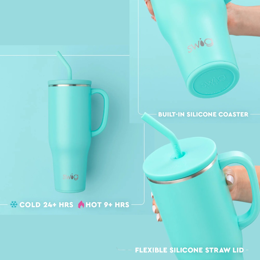 Turquoise mug with built-in silicone coaster, flexible silicone straw lid, and insulated properties on a light blue background.