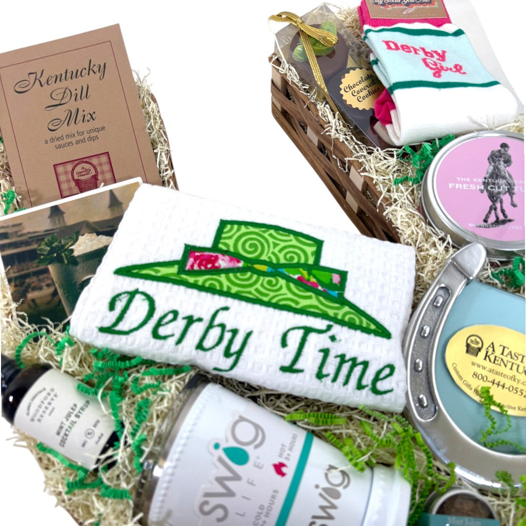 Gift basket with 'Derby Time' towel and Kentucky Derby-themed items.