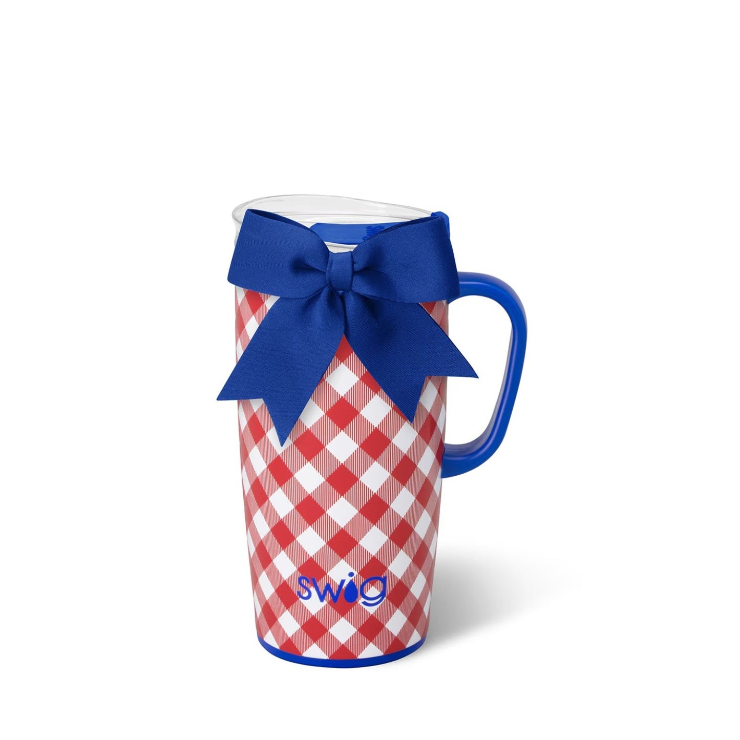 The 22oz Swig Life Travel Mug in a patriotic red and white gingham print with a royal blue handle, clear lid, and a fabric bow.