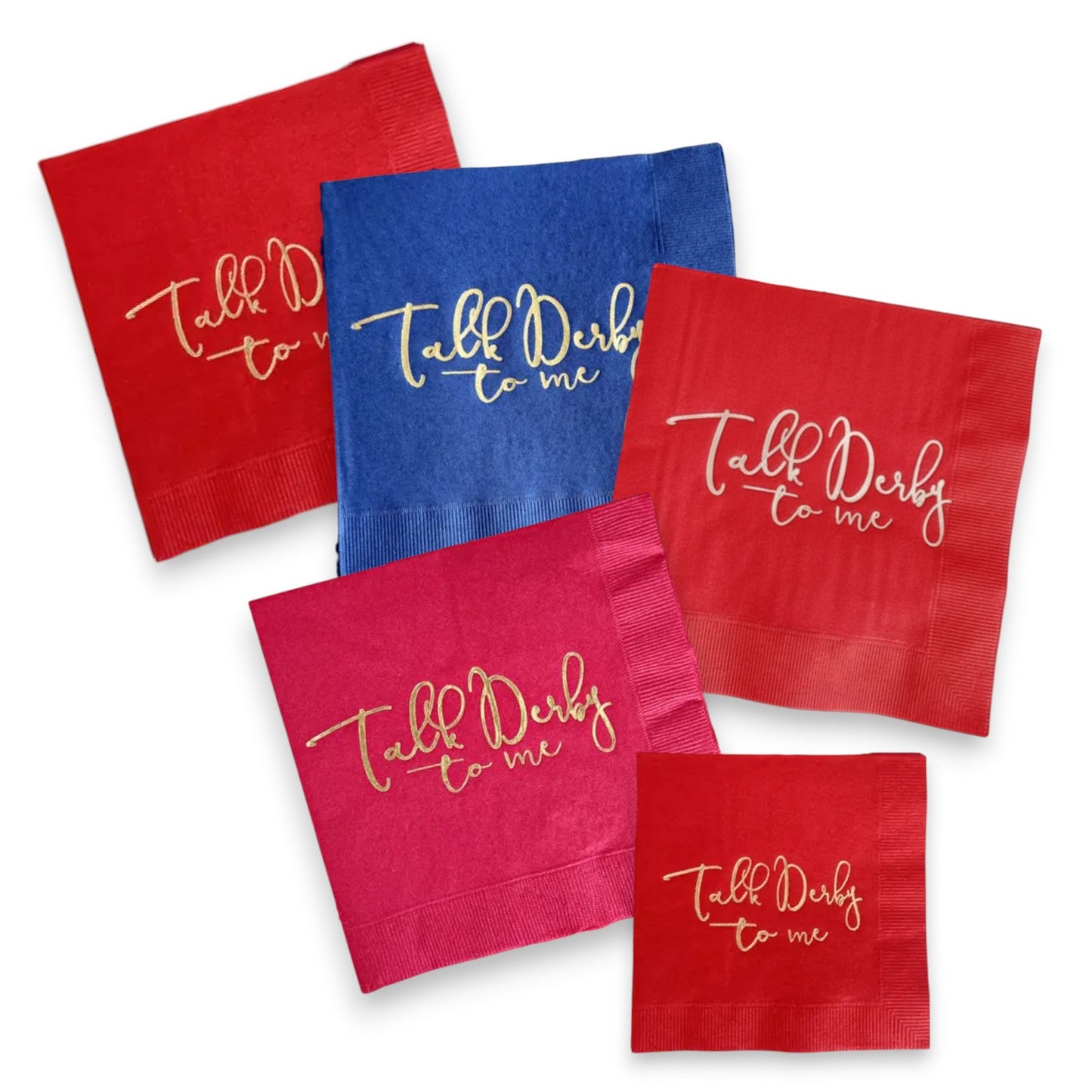 Collection of "Talk Derby to Me" napkins in navy, hot pink, and red with gold and silver foil accents.
