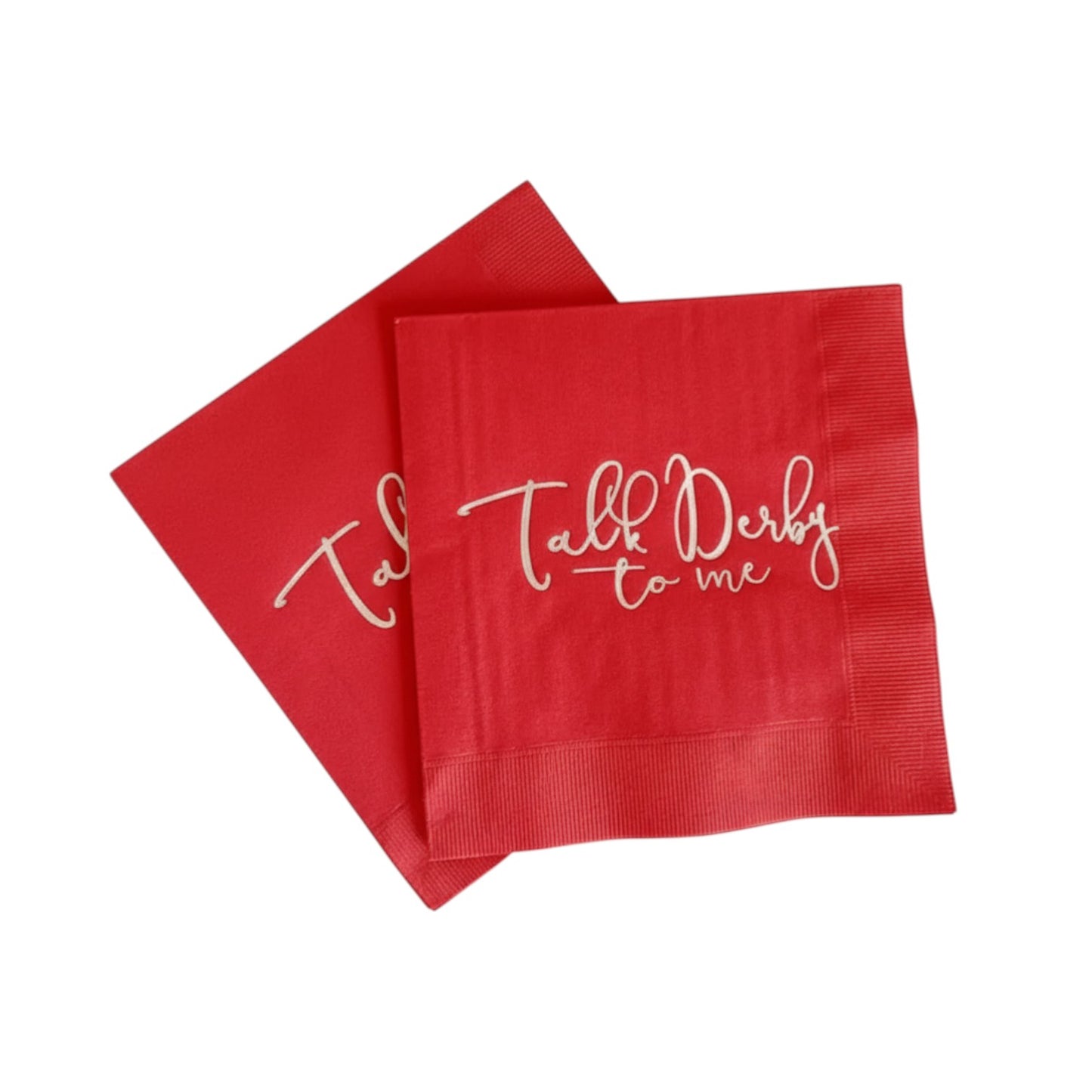 Red napkin with 'Talk Derby to me' text on a white background