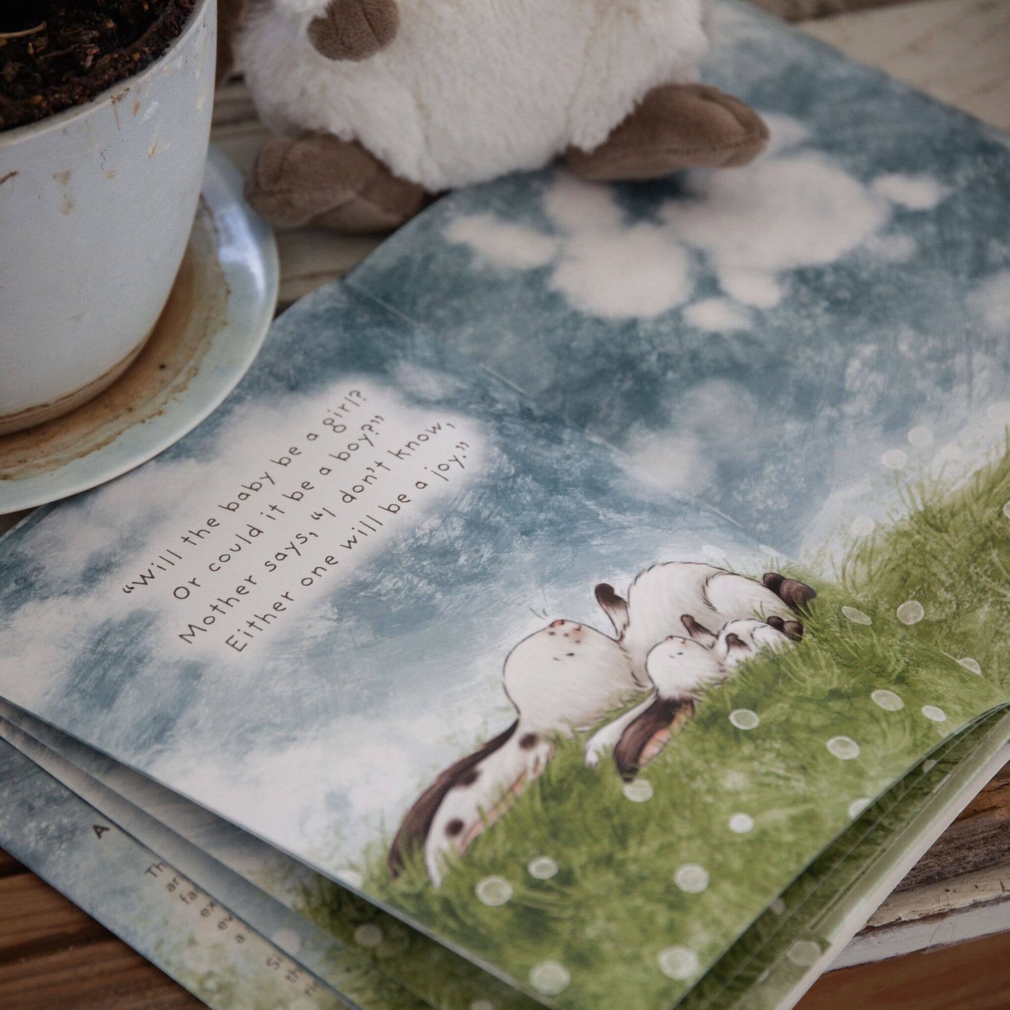 A Taste of Kentucky "Who Will Our New Baby Be?" story book with watercolor illustrations of bunnies. Hardcover, 8x10 inches, for ages 0-3.