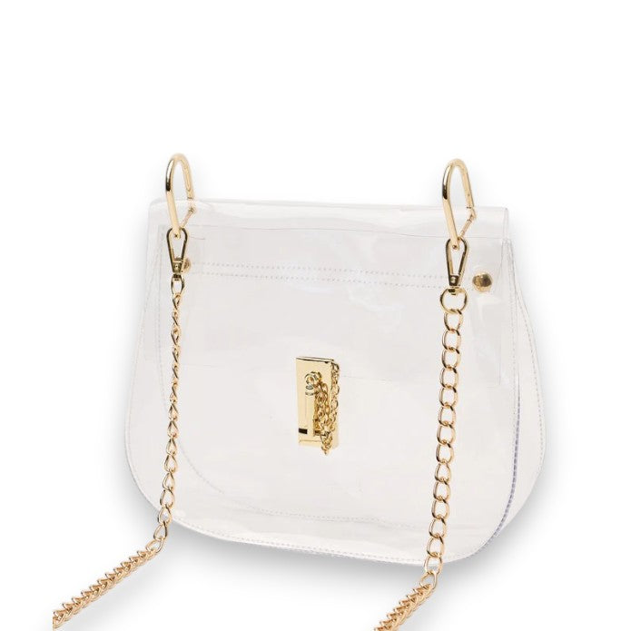 The Ginger clear transparent handbag shown from the front, featuring gold hardware and a chain strap against a plain white background.