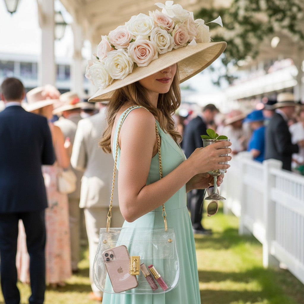 A smiling woman at a sunny outdoor event wearing a mint green dress and a rose-covered hat, elegantly carrying The Ginger clear handbag.