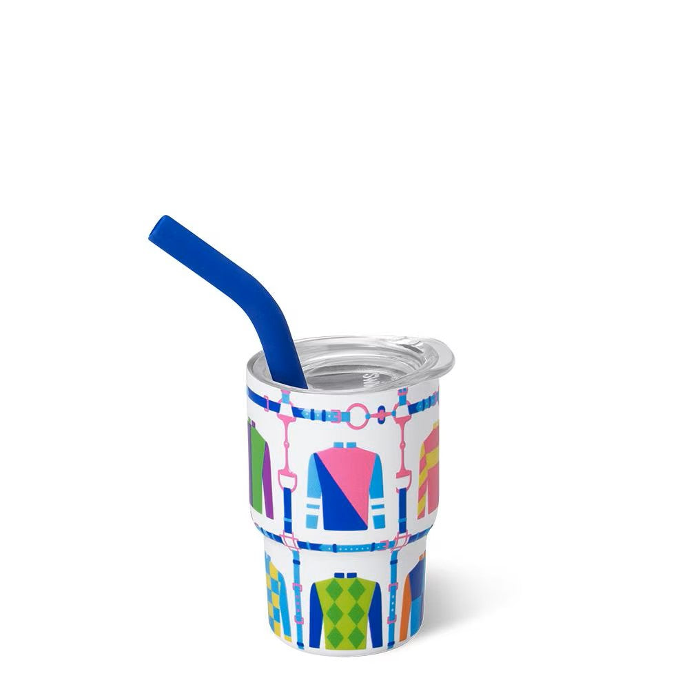 The Tiny Tumbler in Jockey Club print with a blue straw on a white background