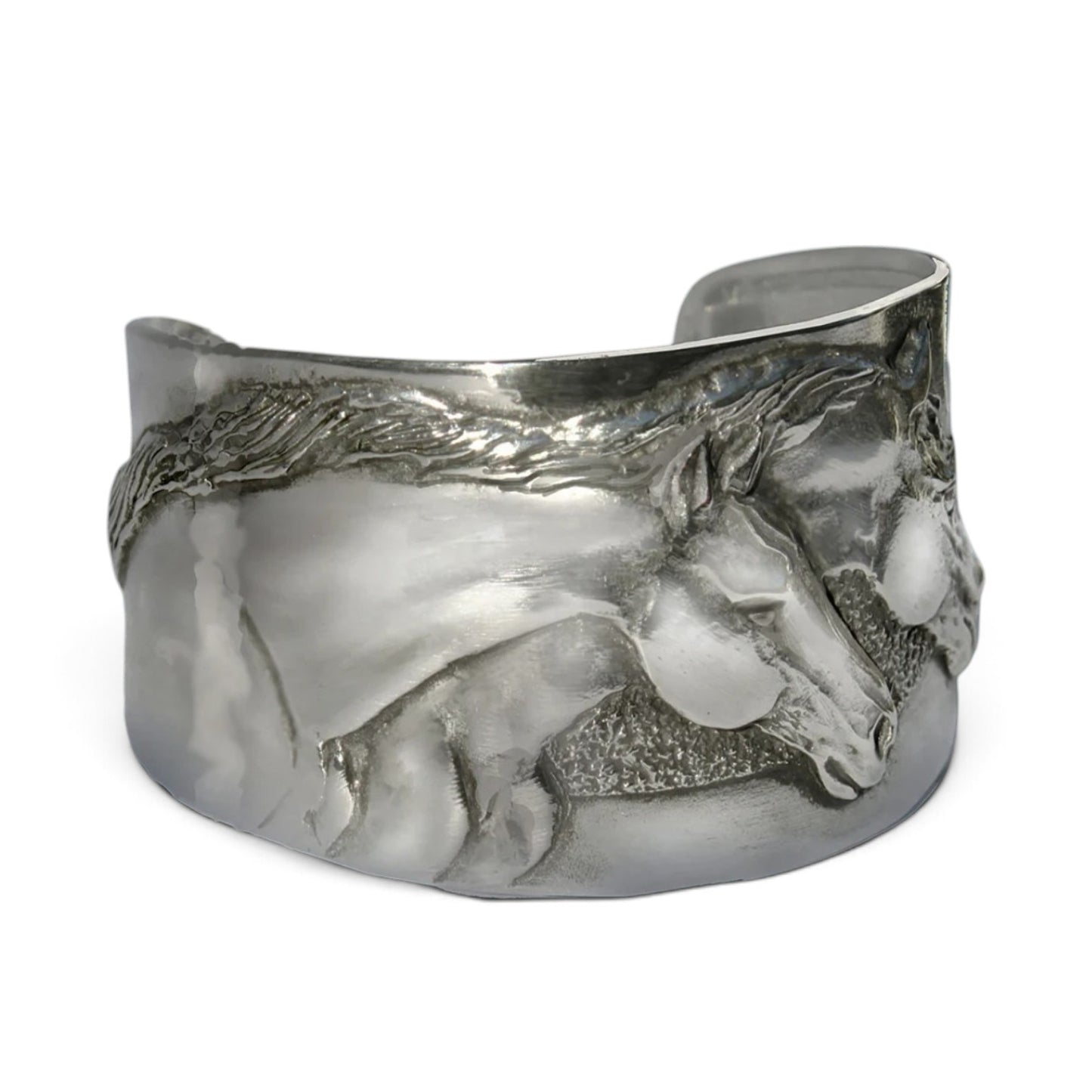 Second studio product photo of the Two Horse Heads Pewter Cuff Bracelet on a white background, highlighting the polished mirror finish and textured horse mane details.