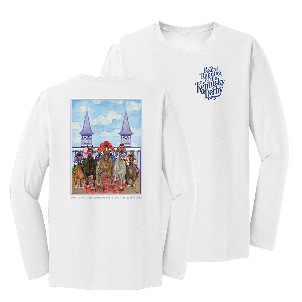 Unisex White 152nd Kentucky Derby Art of the Derby Poster Long Sleeve T-Shirt, showing the main graphic.