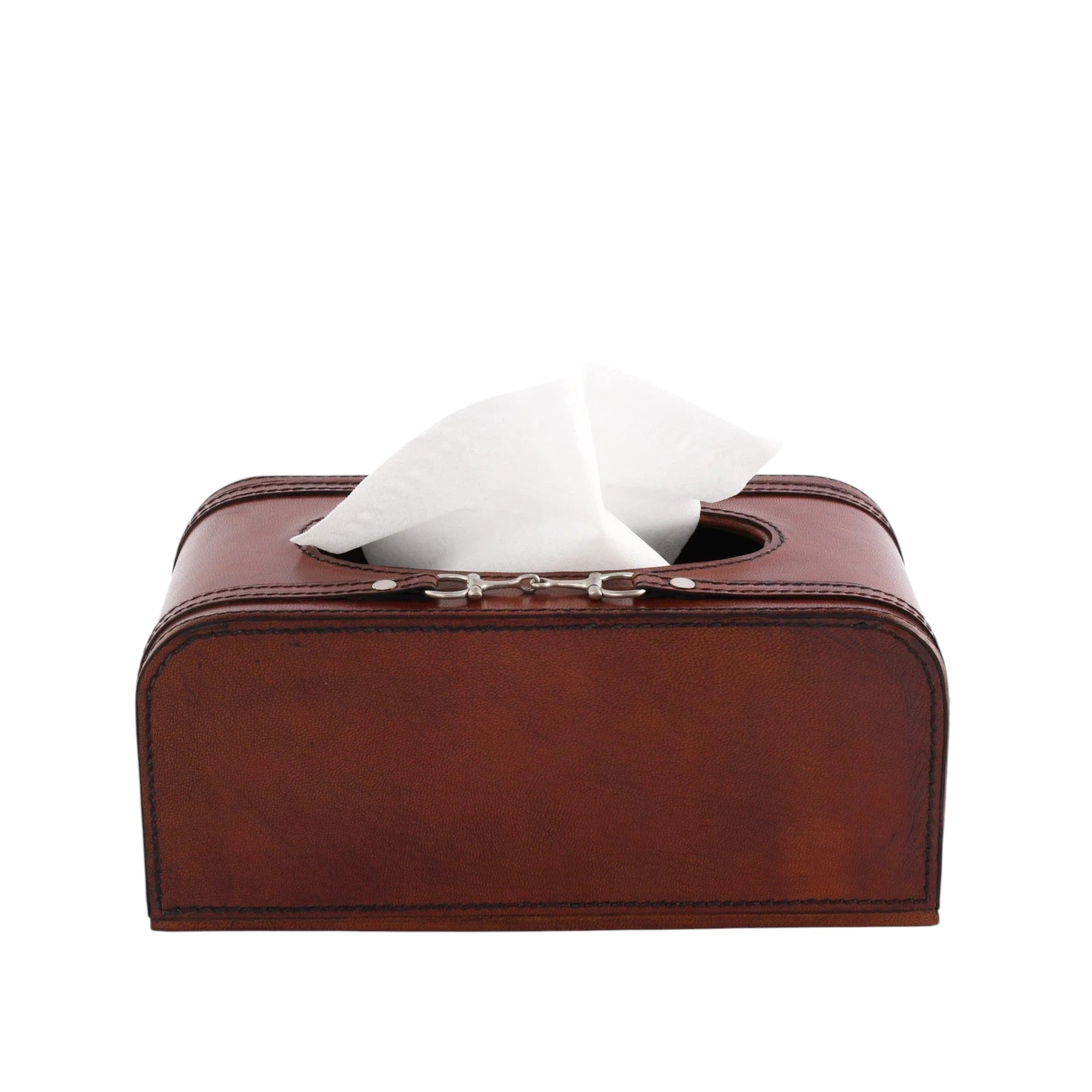 Brown leather tissue box with white tissues on a white background