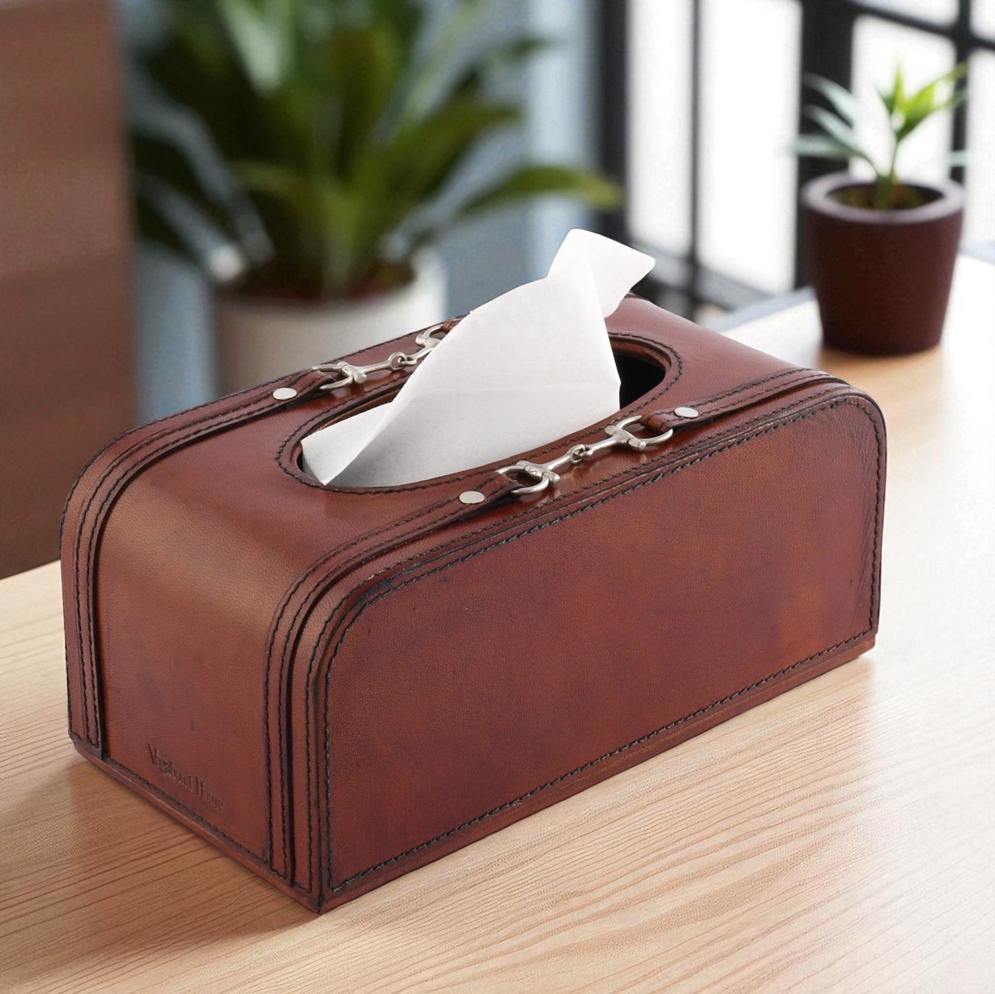 Brown leather tissue box on a wooden surface with plants in the background