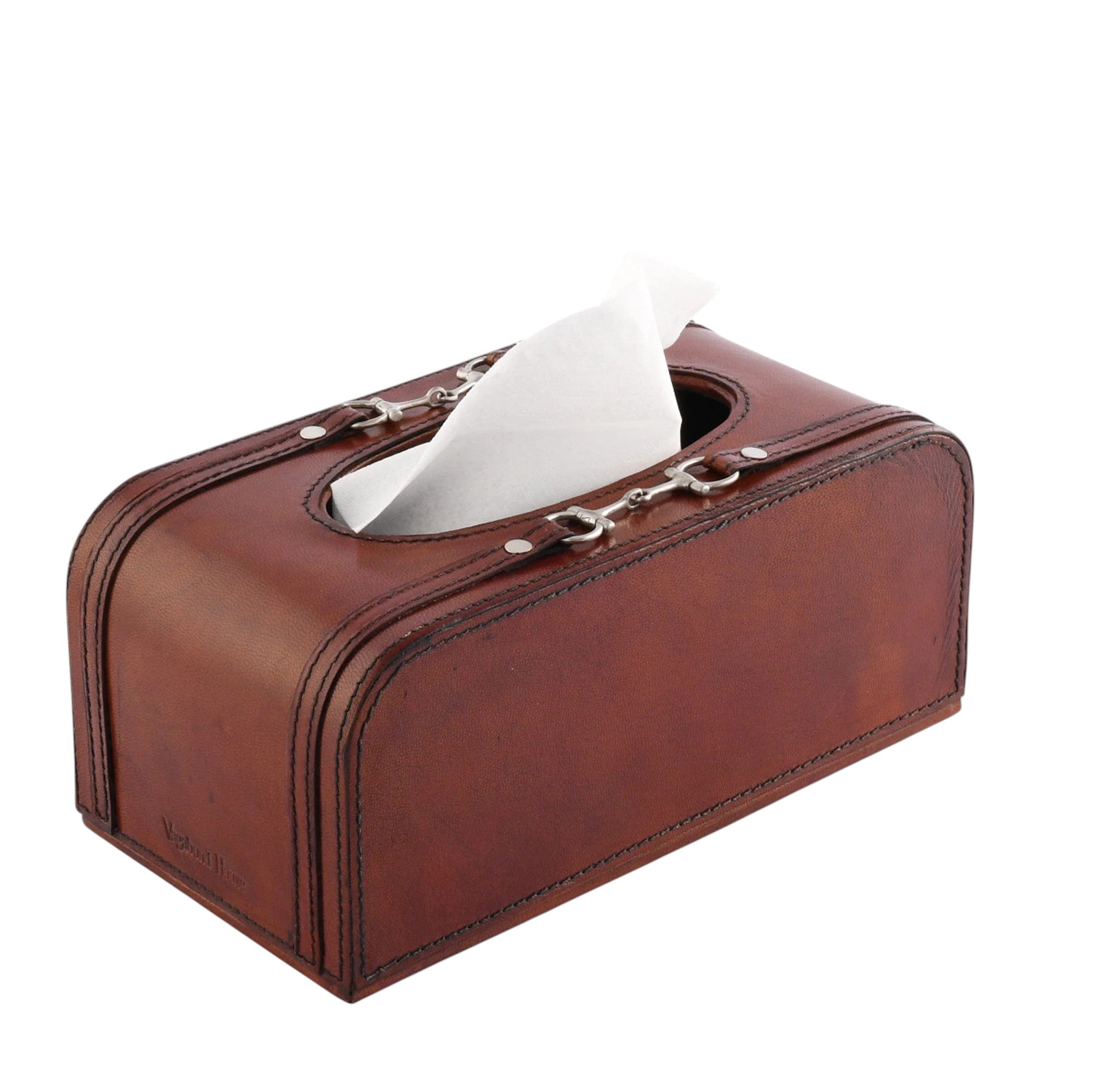 Brown leather tissue box with white tissues on a white background