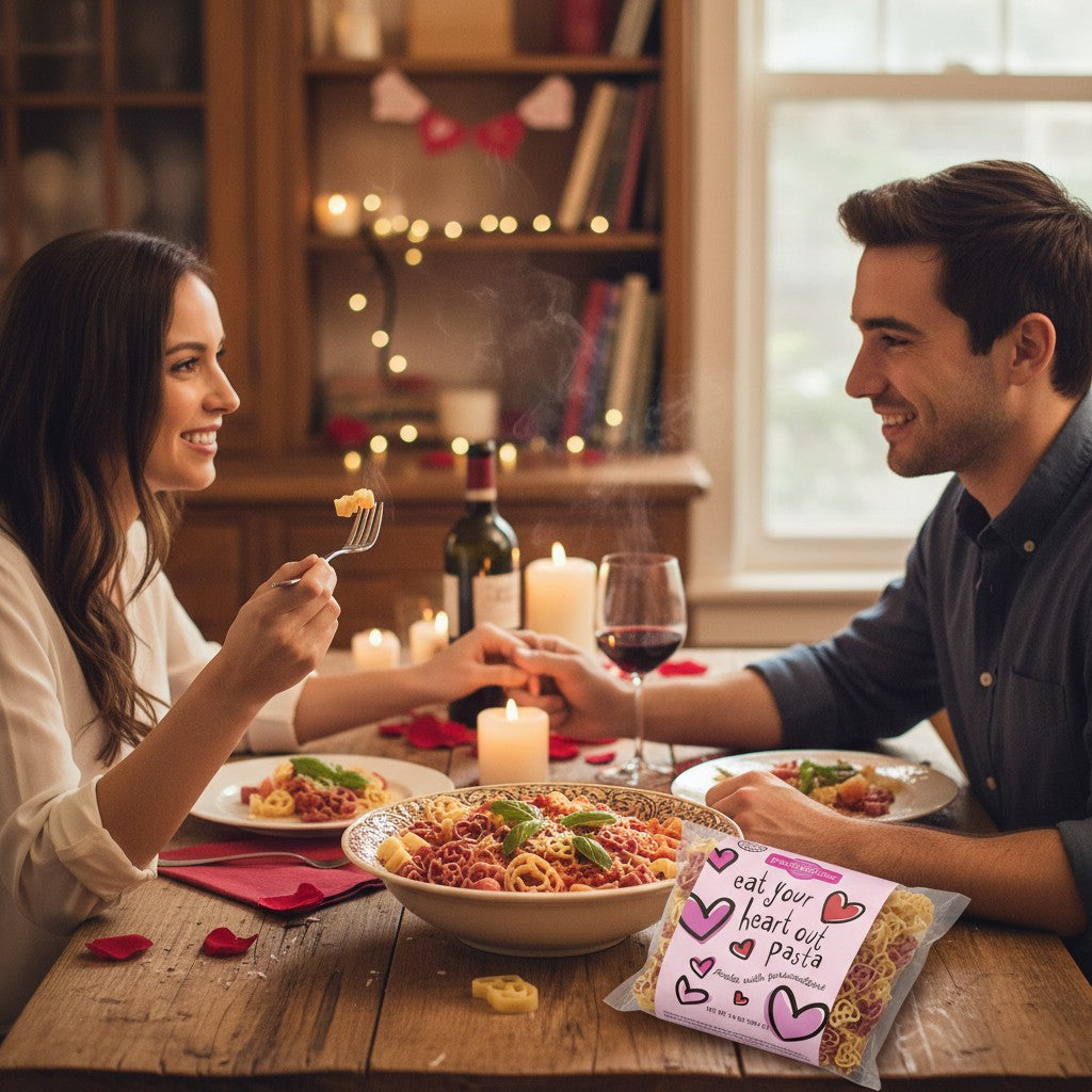 A lifestyle scene of a couple enjoying a Valentine's Day meal with heart pasta.
