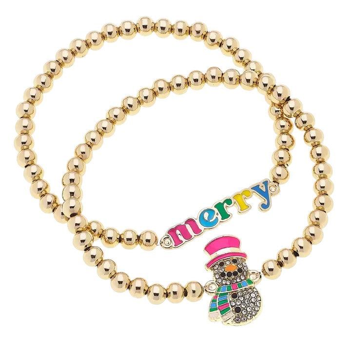 A set of two 18K gold-plated ball bead stretch bracelets with festive charms.