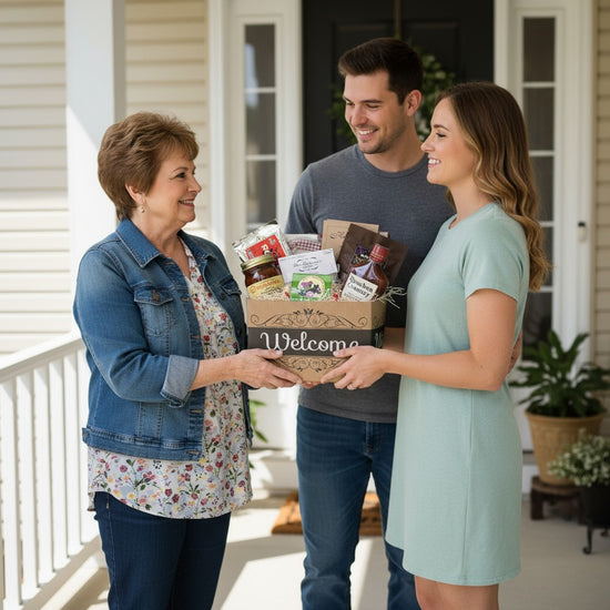 A friendly lifestyle scene of the Welcome Gift Box being given to someone on a home's front porch.
