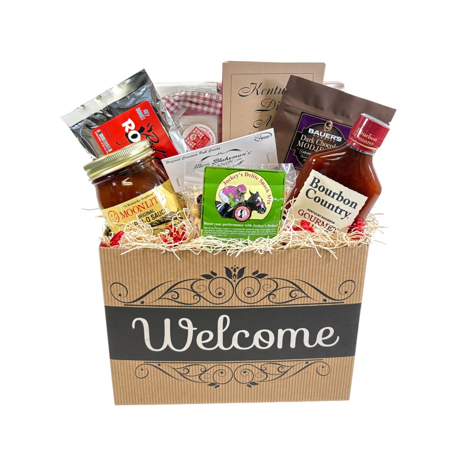 The Welcome to Kentucky Gift Box filled with local foods, sauces, and sweets like Derby Pie and Modjeskas.