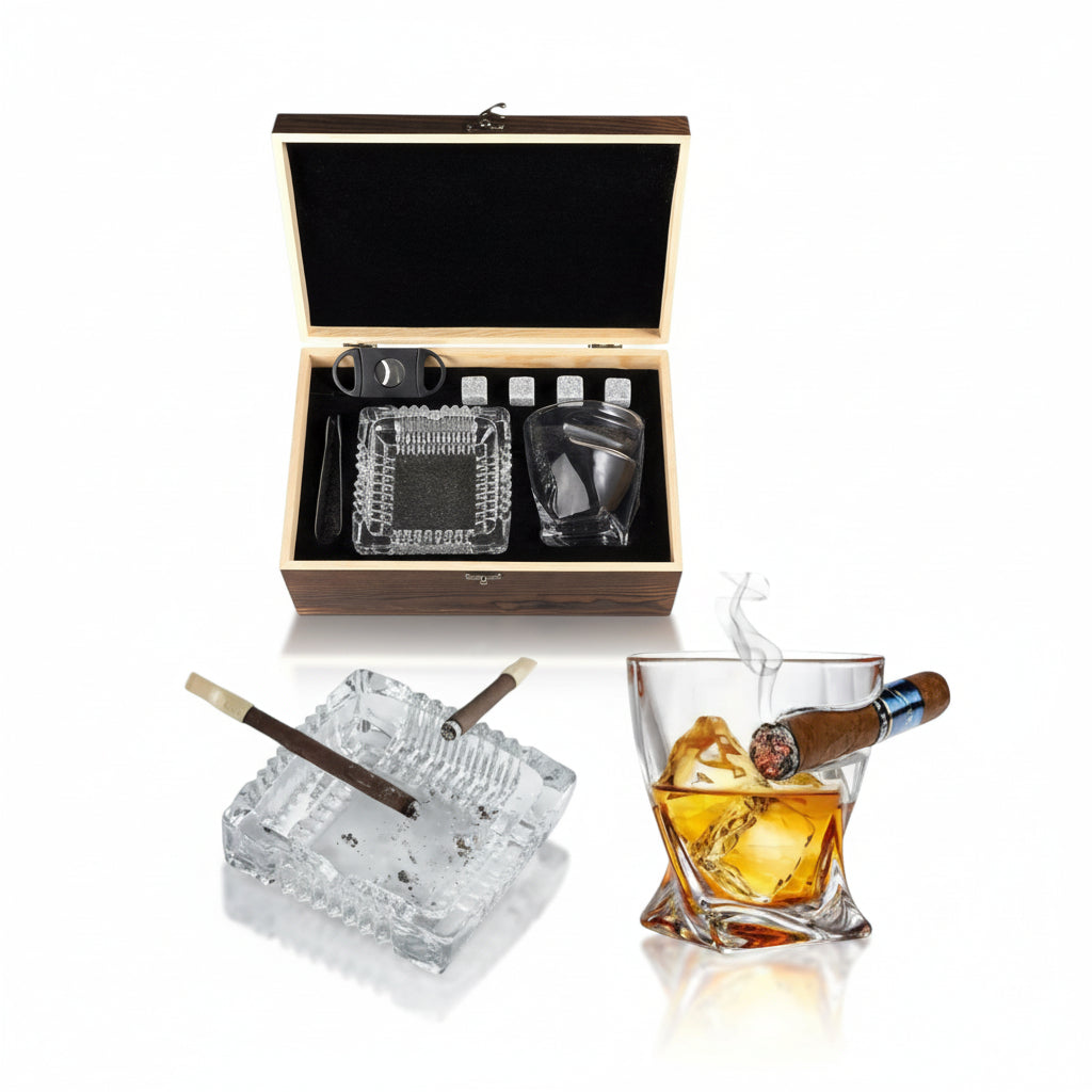 The complete whiskey glass and accessories gift set displayed in its premium, open wooden box against a white background.