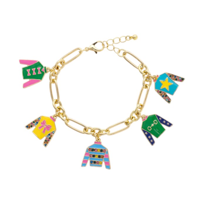 The Winner's Circle Jockey Silk Enamel Charm Bracelet displayed to show all the multi-color jockey silk charms on the adjustable gold-tone chain.