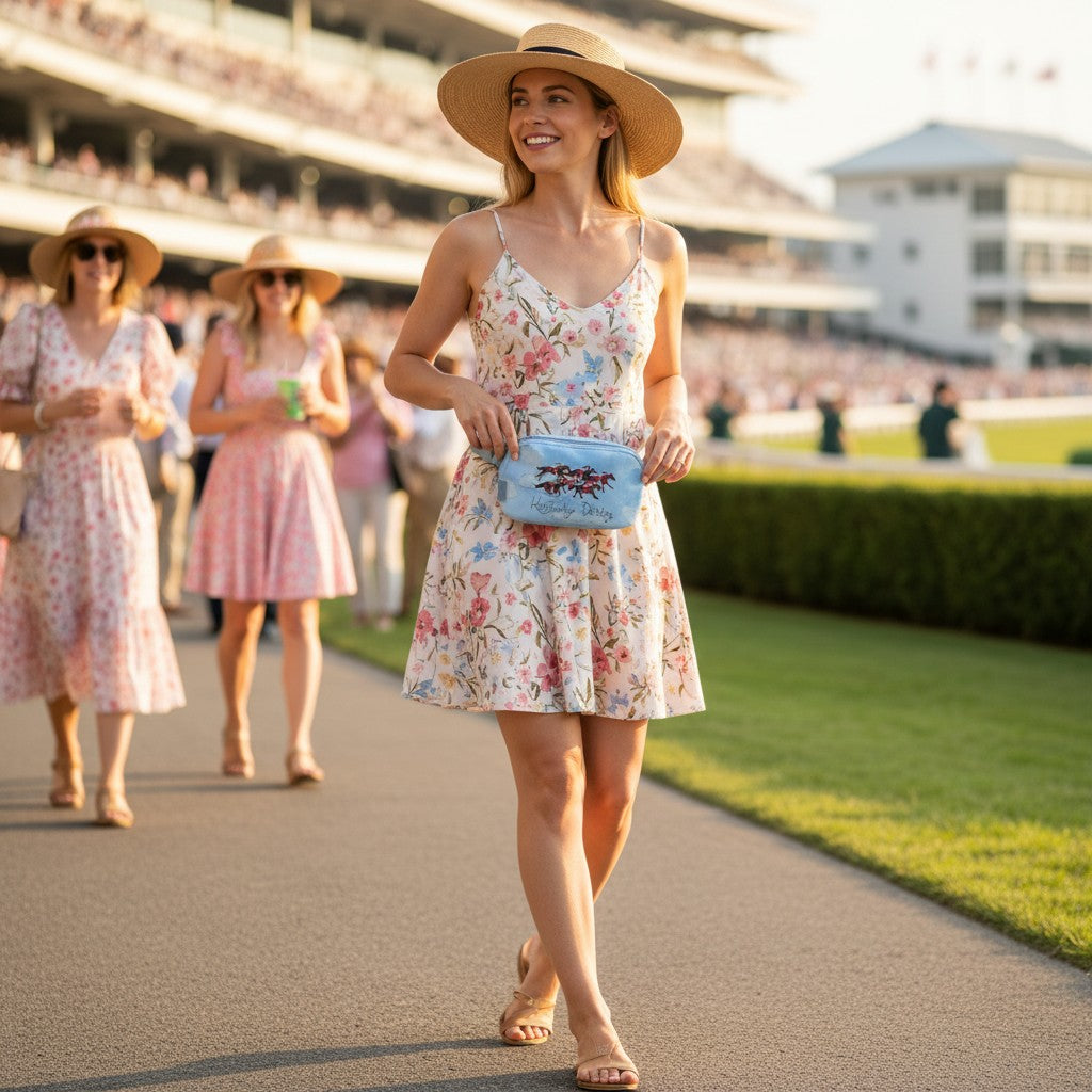 A woman in a floral sundress at a racetrack wears the light blue Kentucky Derby belt bag around her waist.