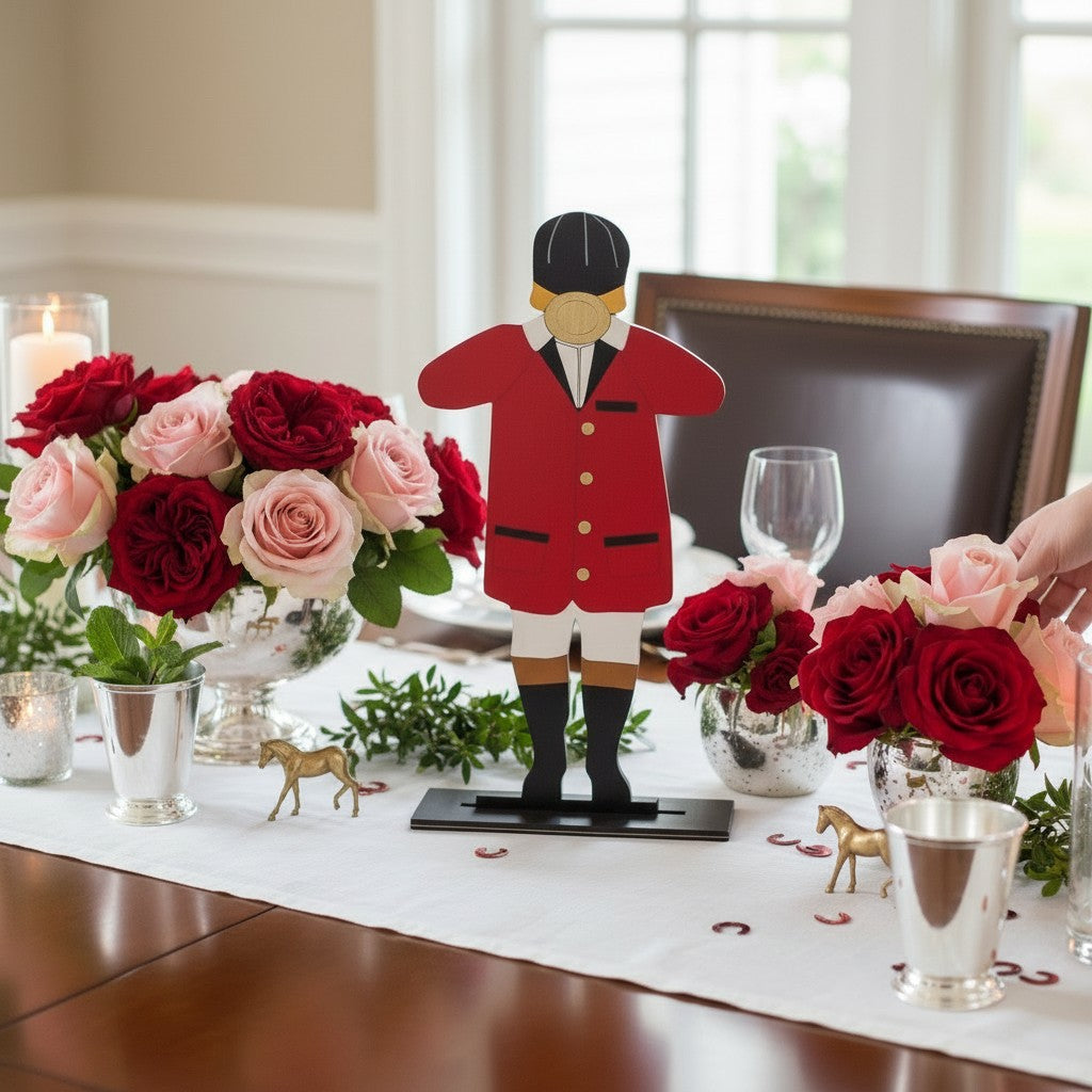The wooden Derby bugler used as a festive centerpiece on a party table surrounded by roses and other decor.
