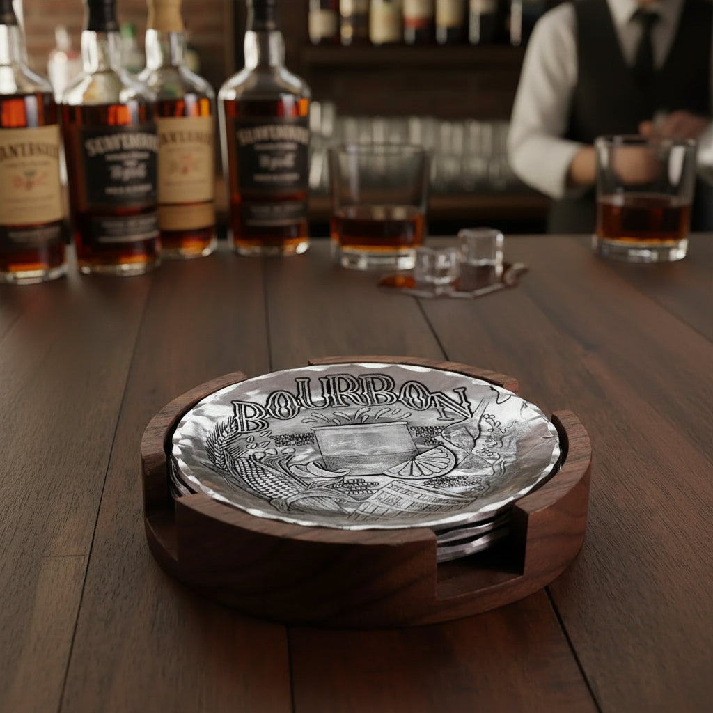 The coaster caddy set on a wooden table with bottles and glasses in the background.