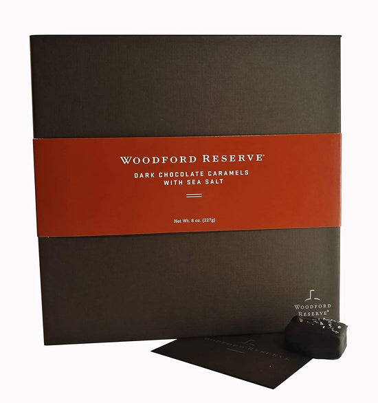 Woodford Reserve dark chocolate caramels with sea salt packaging on a white background
