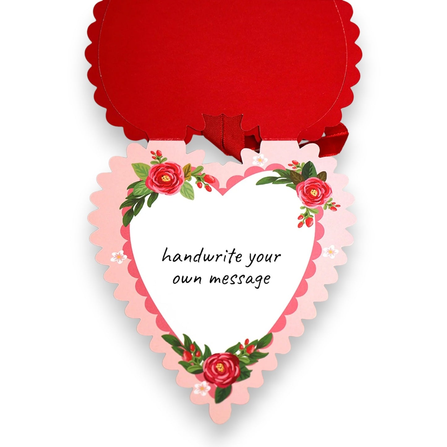 Heart-shaped card with floral design and text 'handwrite your own message' on a white background
