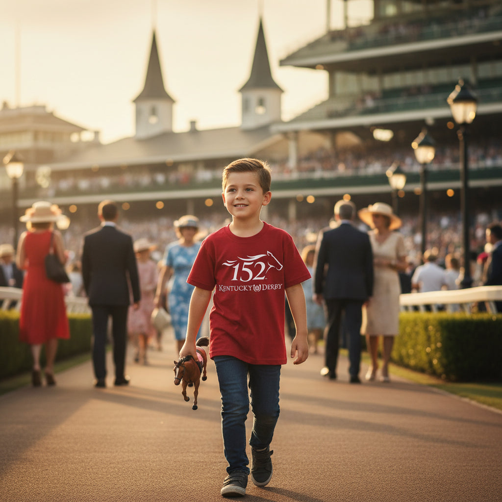 A child wearing the red Kentucky Derby 152 event t-shirt, showcasing its comfortable and fun youth fit.