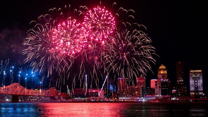Fireworks over the city during Thunder over Louisville